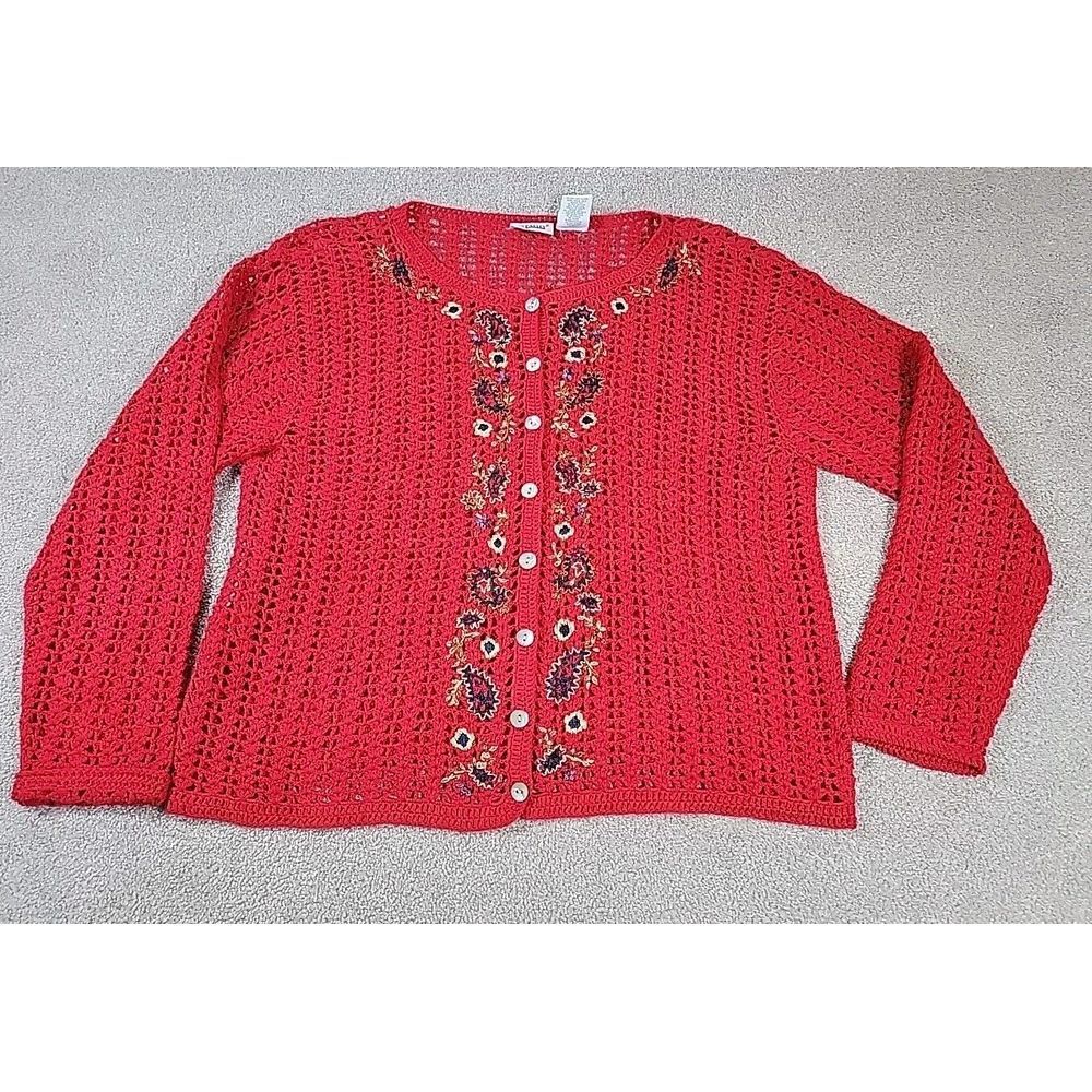 Vintage 90s Y2K Capacity Sweater Size M Ramie Blend Crochet Flowers Cardigan